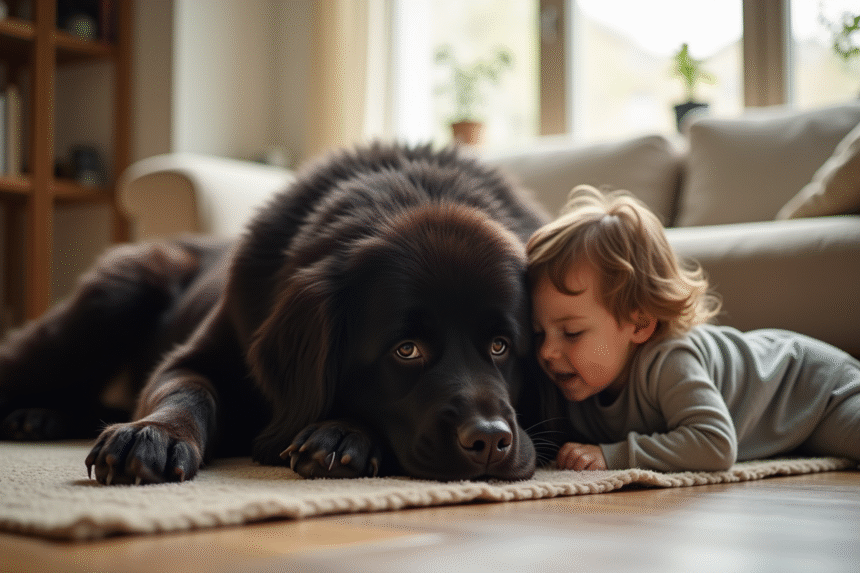 Chien Newfoundland allongé dans le salon avec un enfant