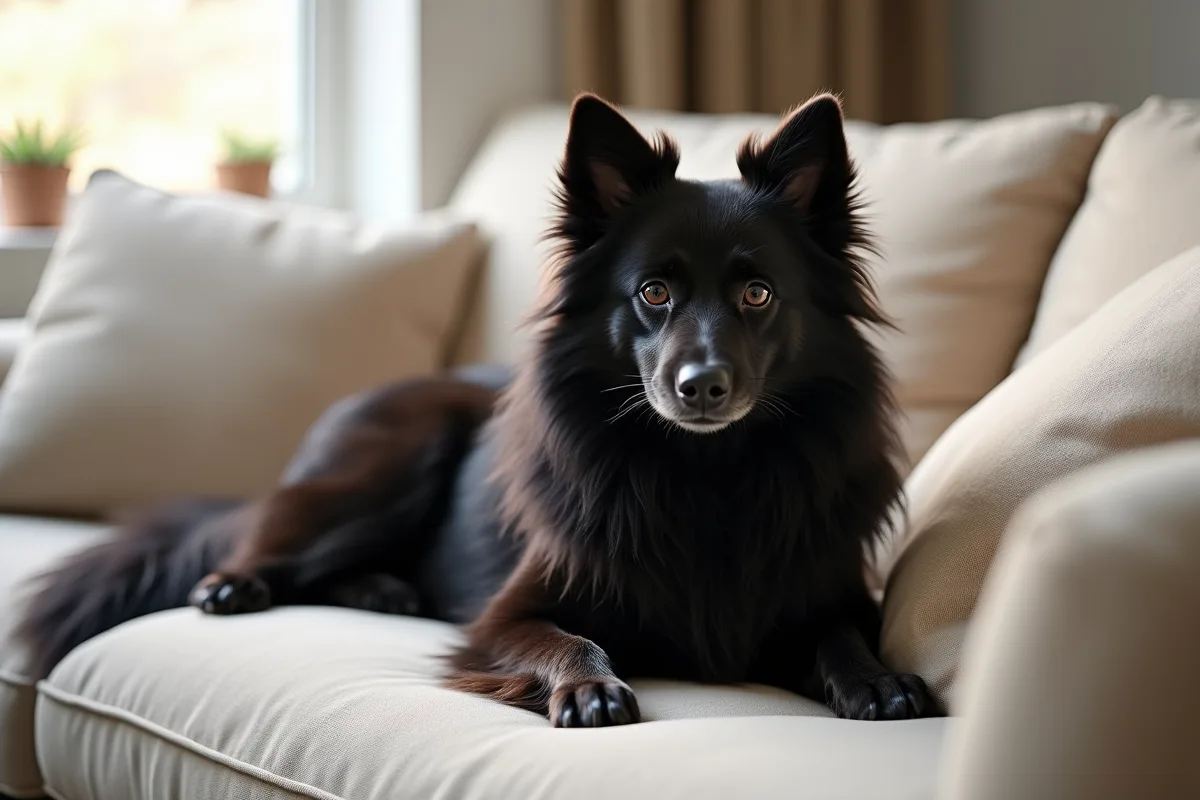 Chien spitz noir adulte sur un canapé lumineux