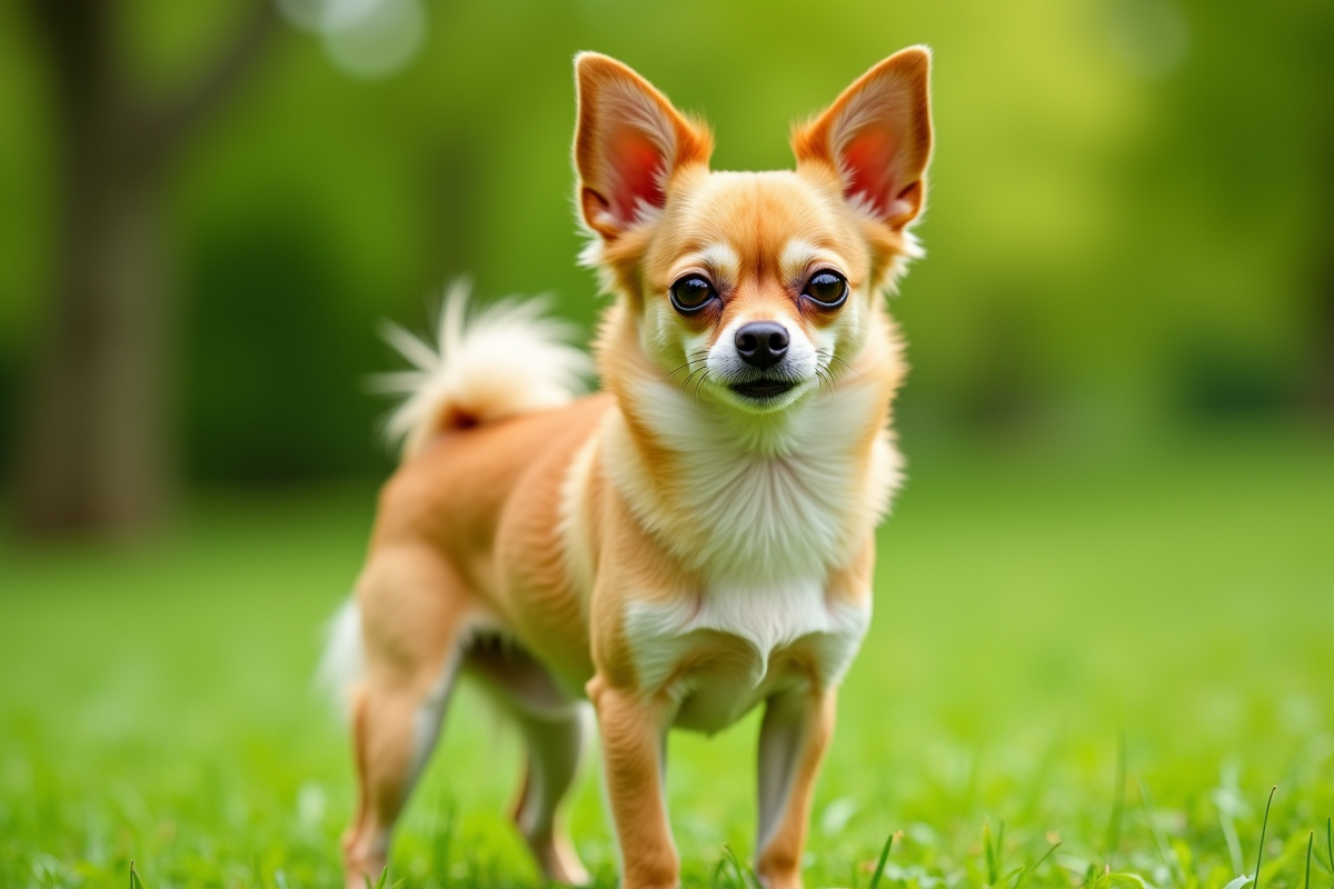 Chihuahua papillontype debout dans un parc vert