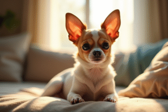 Chihuahua papillontype assis sur un canapé lumineux