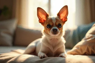 Chihuahua papillontype assis sur un canapé lumineux