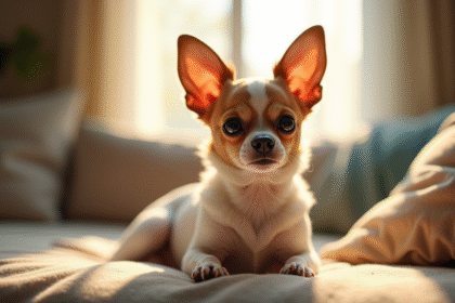 Chihuahua papillontype assis sur un canapé lumineux