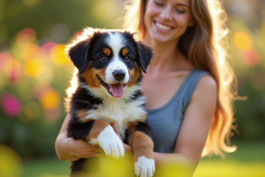 Chiot australien tricolore dans les bras d'une éleveuse dans un jardin ensoleille