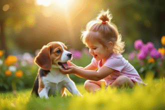 Chiot beagle jouant avec un enfant dans un jardin ensoleille