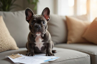 Chiot bulldog francais souriant sur un canapé cosy