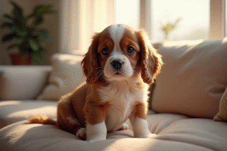 Chiot cavalier king charles sur un canapé lumineux