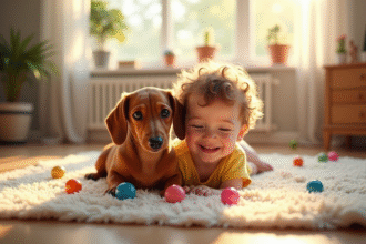 Un chiot dachshund et un enfant jouent ensemble sur un tapis ensoleille dans un salon