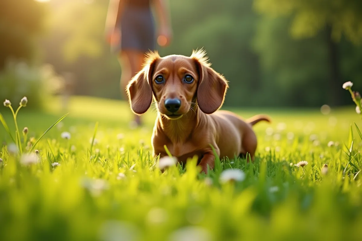 Un chiot dachshund renifle des fleurs sauvages dans un parc verdoyant