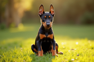 Jeune chiot doberman assis dans l'herbe en plein soleil