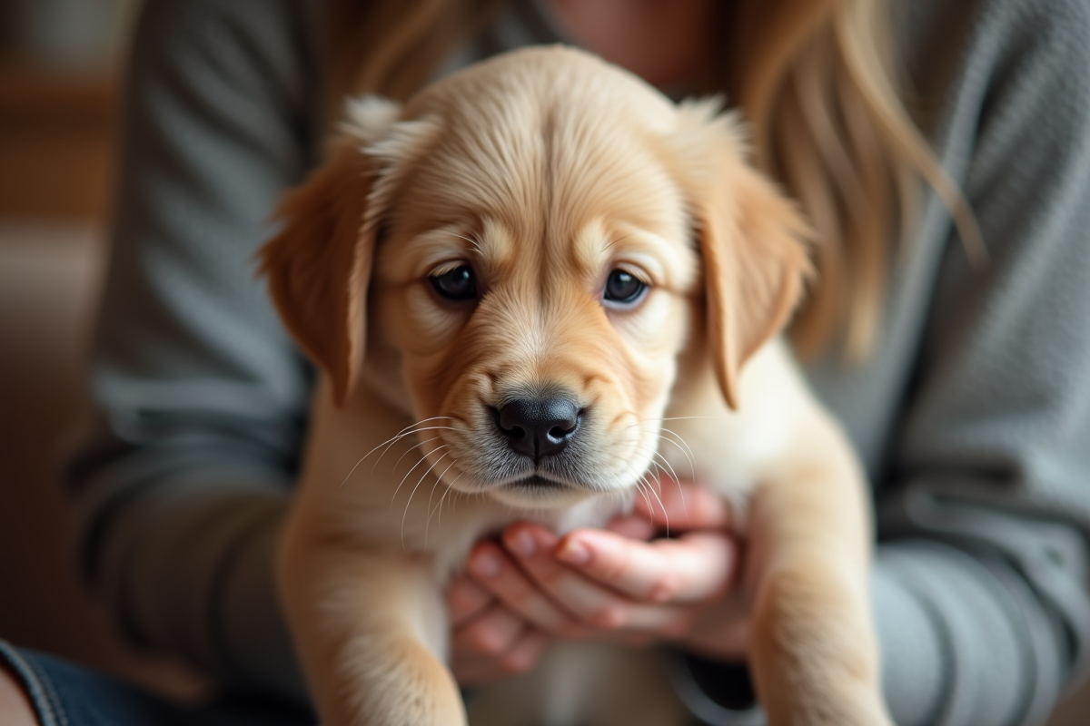 Chiot golden retriever tenu dans les mains en intérieur