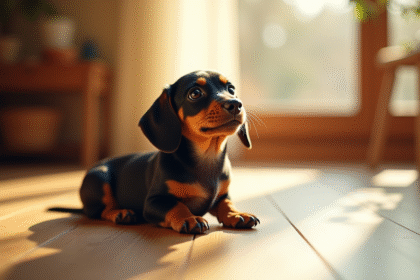 Chiot kaninchen dachshund assis sur un sol en bois ensoleille