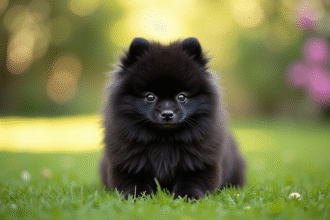 Chiot pomeranian noir dans un jardin ensoleille