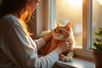 Personne caressant son chat sur une fenêtre ensoleillée