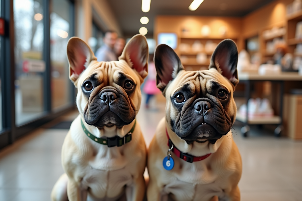 Deux bulldogs francais dans une animalerie moderne