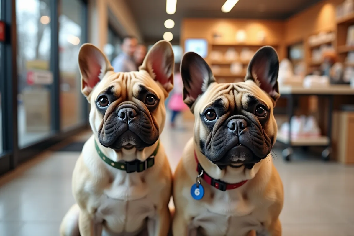 Deux bulldogs francais dans une animalerie moderne