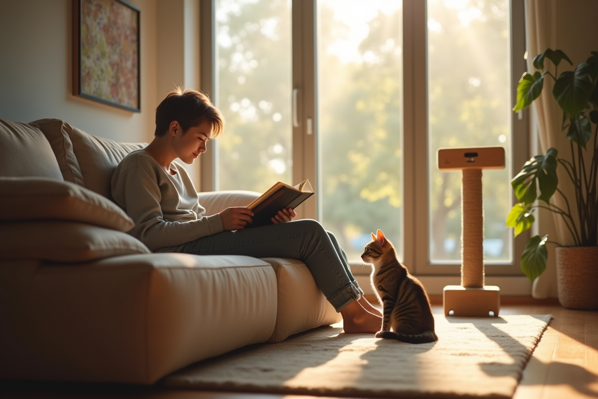 Deux chats dans un salon moderne avec leur propriétaire lisant