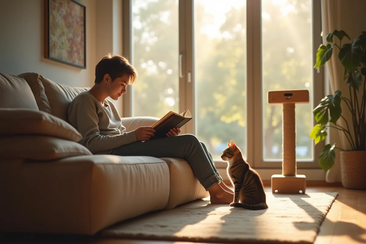 Deux chats dans un salon moderne avec leur propriétaire lisant