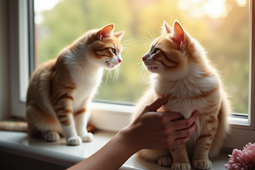 Deux chats sur une fenêtre ensoleillée regardant leur propriétaire