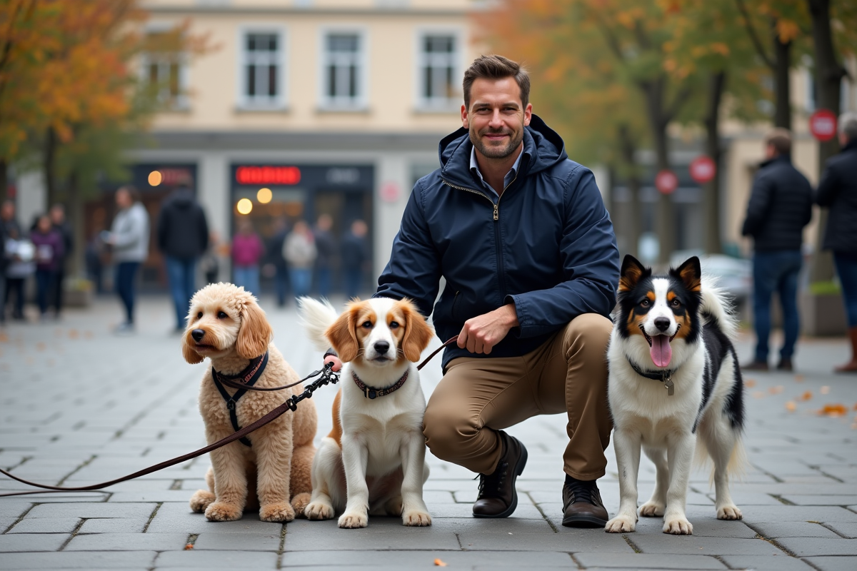 Dresseur professionnel avec quatre chiens en ville