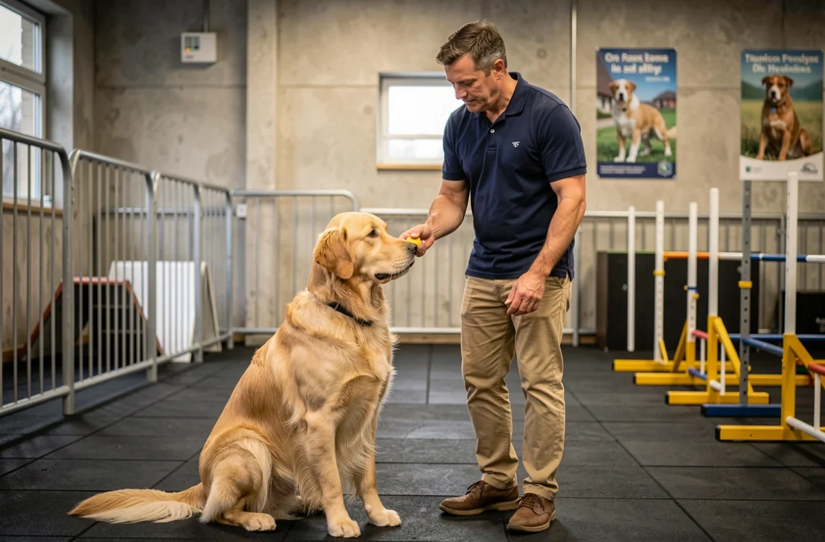 Éducateur canin professionnel en intérieur récompensant un Golden Retriever lors d'un exercice d'obéissance dans un centre de dressage