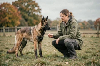 Éducatrice canine en plein air dans les Hauts-de-France guidant un Malinois lors d'une séance de dressage en champ ouvert