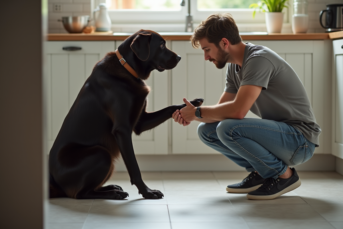 Jeune homme vérifiant les ongles d’un labrador dans la cuisine