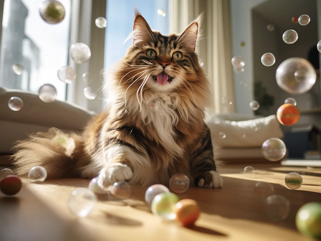 Maine Coon jouant avec un jouet dans un environnement stimulant