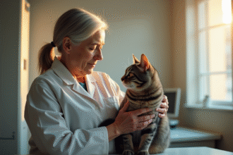 Femme agee tenant doucement son chat gris dans une clinique