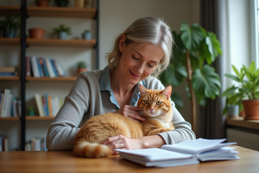 Femme assise avec un chat ginger sur ses genoux dans un intérieur cosy