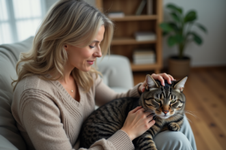 Femme douce caressant un chat gris dans son salon
