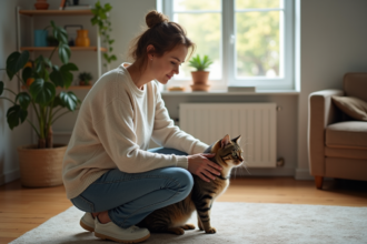 Femme contemplative caressant son chat dans un salon chaleureux