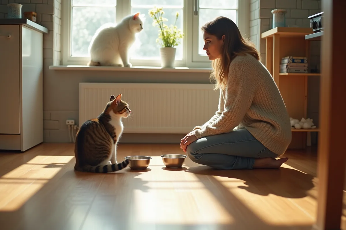 Femme avec deux chats dans une cuisine ensoleillee et moderne