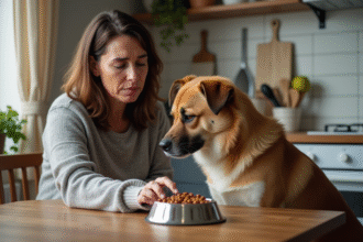 Femme assise avec son chien dans la cuisine moderne