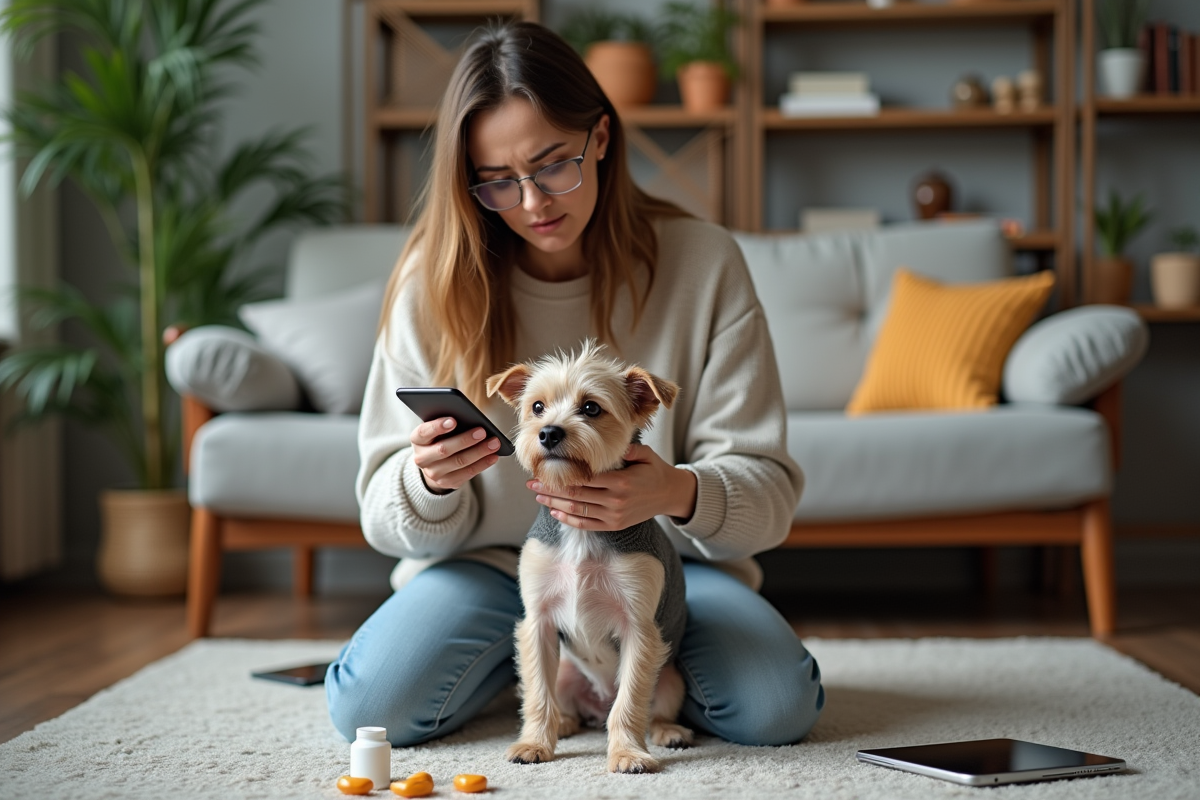 Femme préoccupée avec son chien et vitamines dans le salon