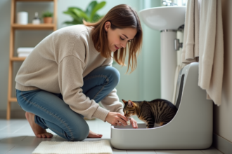 Jeune femme verse du bicarbonate dans la litière pour chat