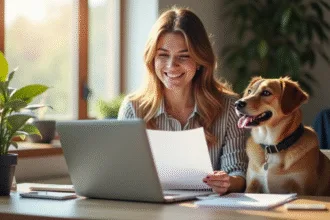 Femme souriante au bureau avec chien et ordinateur