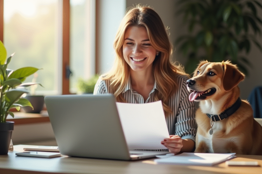 Femme souriante au bureau avec chien et ordinateur