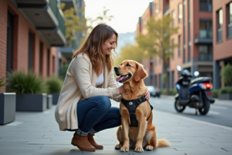 Femme en cardigan caressant un chien dans la ville