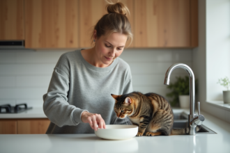 Femme versant de l'eau pour son chat dans une cuisine lumineuse