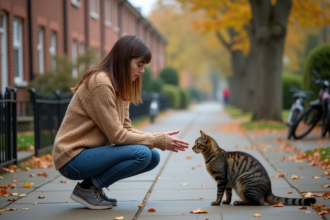 Jeune femme en automne caressant un chat dans une rue résidentielle