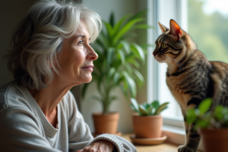 Femme observant son chat sur la fenetre dans un salon lumineux