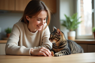 Femme souriante offrant croquette à son chat dans la cuisine