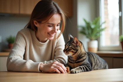 Femme souriante offrant croquette à son chat dans la cuisine