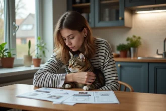 Jeune femme avec chat sur la table de cuisine