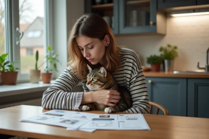 Jeune femme avec chat sur la table de cuisine