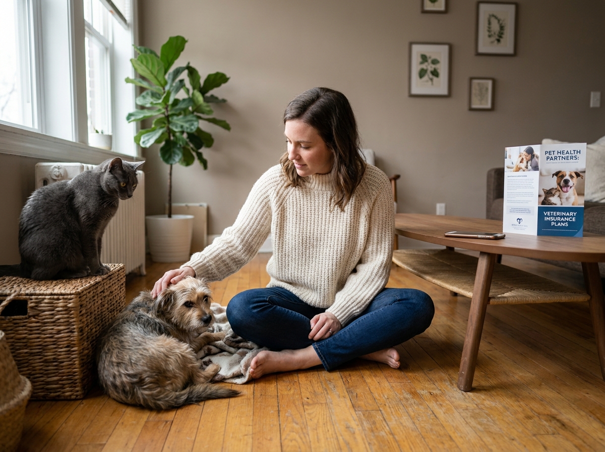 Femme assise au sol dans un appartement avec un chien et un chat illustrant les choix de couverture santé animale
