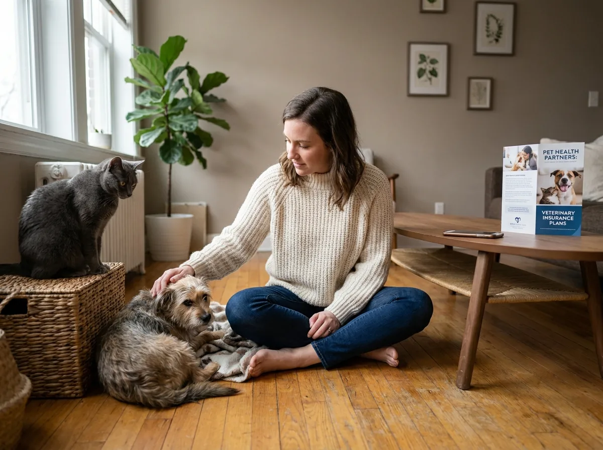 Femme assise au sol dans un appartement avec un chien et un chat illustrant les choix de couverture santé animale