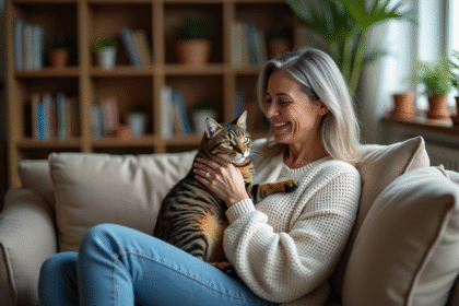Femme souriante avec son chat dans un salon chaleureux