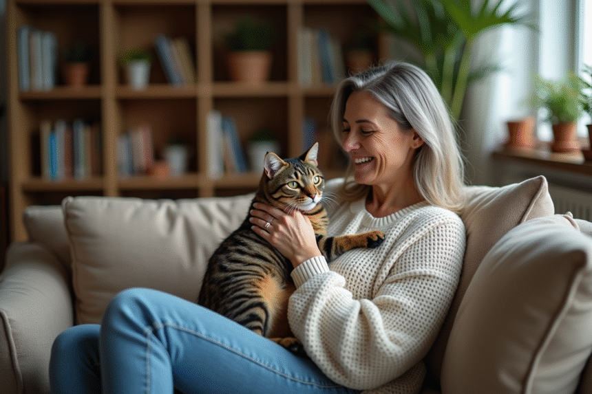 Femme souriante avec son chat dans un salon chaleureux