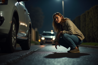 Femme en jeans cherche sous une voiture la nuit dans un quartier calme